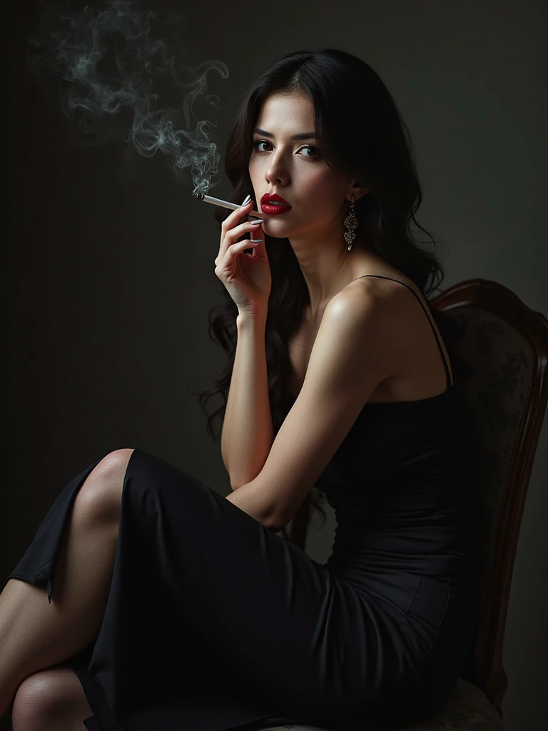A woman crosses her legs and smokes a cigarette.