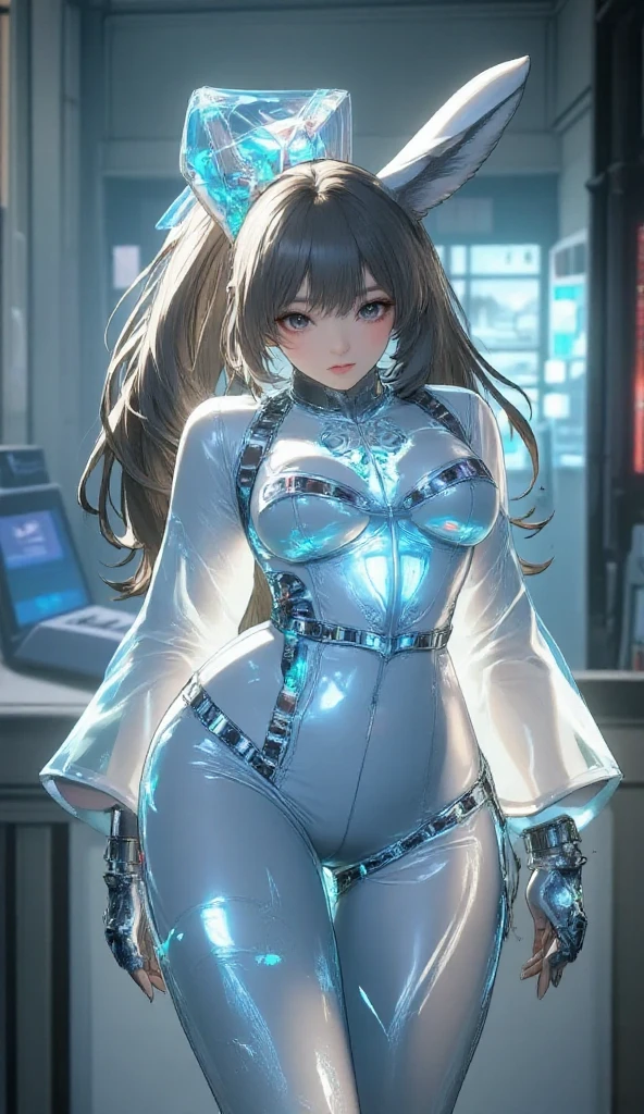 Cyberparadism, (neat Cyberpunk:1.3) cute catgirl, full body, [:intricate costume design,:0.2], official art, chinese, soft bright ultraviolet lighting from below, in a rusted, epic brewery, bombshell hair, brown hair, pointy hair,Topsy Tail, foldedBREAK sexy costume