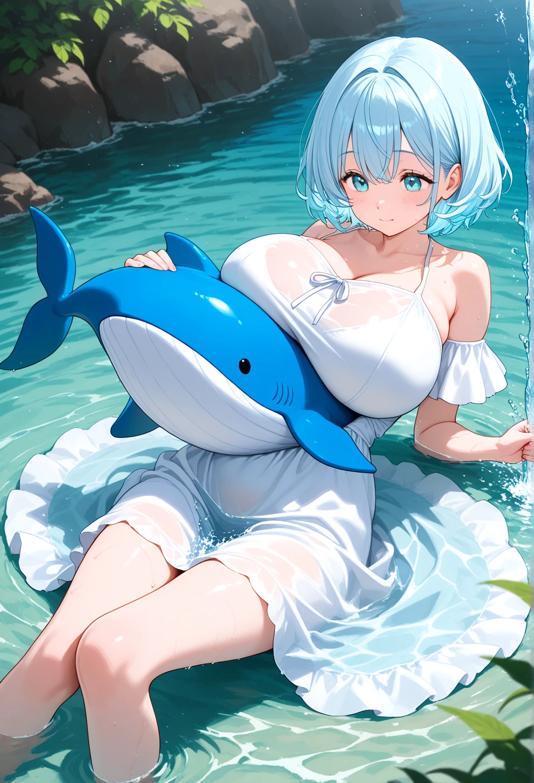 (masterpiece),((best quality),smile happily,looking at viewer,(soaked serafuku),(white short hair),(from side),(mermaid),(slime mermaid),(skirt:1.2),(delicated fins),colorful,full body,(covered_nipples:1.76,(gigantic breasts:1.6),(midriff_peek:1.5),raining,sitting on wet stone,in park,sunlight,highres,on stomach,swimming poo