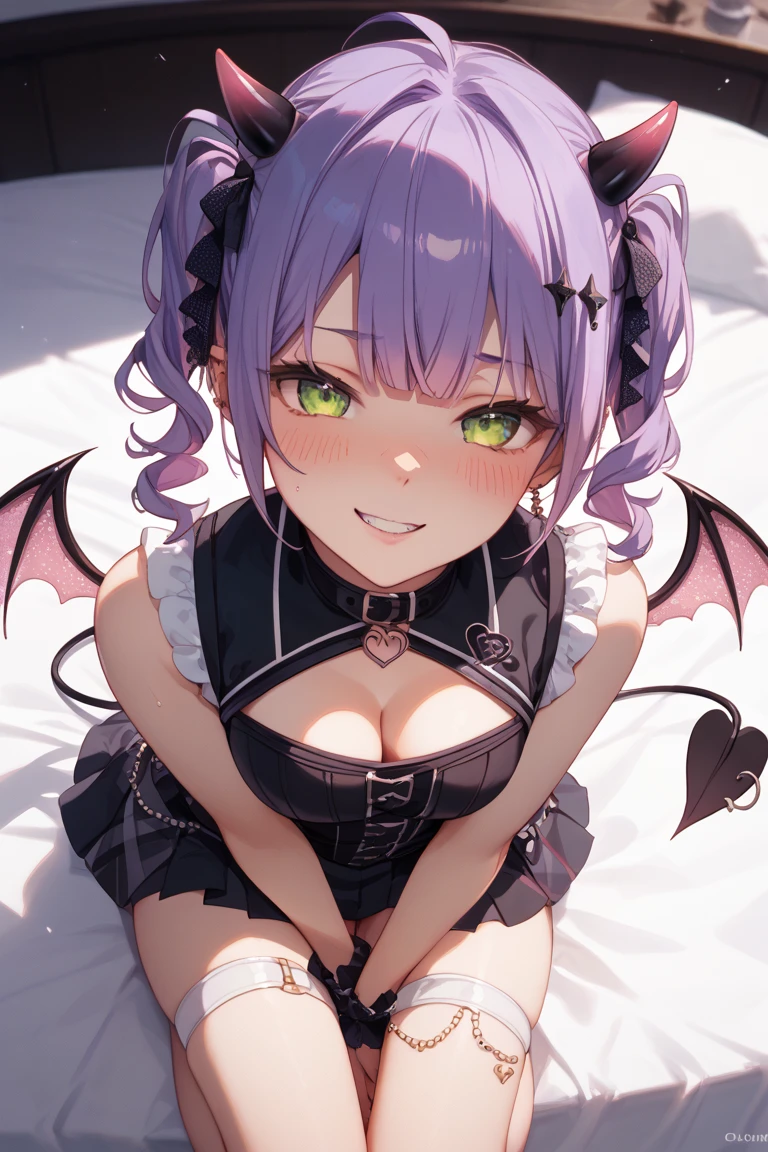 ((Masterpiece)), (Professional Photography:1.2), (High Definition:1.3), best quality, 8K, Textured skin, cinematic lighting,1girl, cute teenage girl, succubus, open mouth, ((pink Luxury lolita dress)), devil wings and horns, shiny silver hair, ((bloody)), exposed naked beautiful nipples, very messy medium bob, fantasy, beautiful face, (cute purple eyes), small breast, (cute sitting on the dark scary castle), very evil smile, sweaty body, violet, looking at you