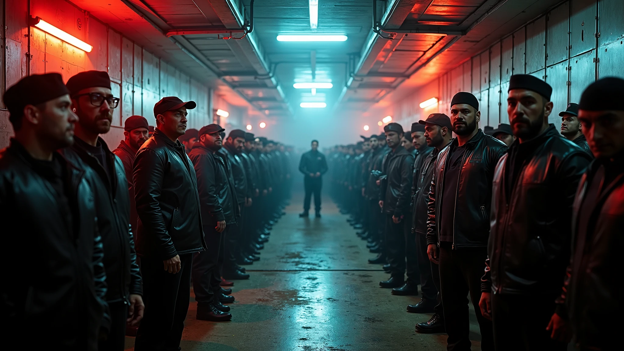 8k, ARTISTIC photography, best quality, masterpiece: 1.2), RAW photo, a (potrait:1.2) RAW, Ultra High Resolution, Fascist men marched in rallies that turned violent. A group of young men, dressed in black jackets with their faces painted red. These men are fanatically shouting and are excited. They are aggressive and filled with rage. The city is burning in the background as police try to suppress them. extremely high-quality graphics, Riddley Scott, Blade Runner, Denis Villeneuve, Cyberpunk 2077 (((cinematic lighting))), ((clear details)), complex, highly detailed background,