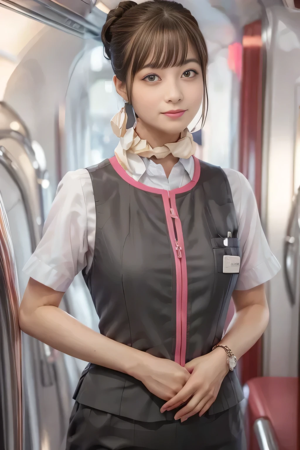 (masterpiece:1.2, Highest Quality:1.2), 32kHDR, high resolution, (alone、From the Surrounding Environment)、( station(at)streetcar(Romendensha) expression full of anticipation conveys the atmosphere of 、Professional Lighting)、Empty station(at)streetcar(Romendensha) expression full of anticipation conveys the atmosphere of background 、( realistic style of JR Gran Class crew uniform )、Short sleeve blouse、 wrap a scarf around your neck 、( JR Grand Class flight attendant uniform with pink decorations on the sleeves)、( best JR Grand Class flight attendant uniform with pink lines on the front zipper)、dark brown hair、( Dot-like hair、hair bun、hair bun)、dark brown hair、 long hit 、Big Breasts、(( amazing hand :2.0)),((A harmonious body shape:1.5)),((normal limbs:2.0)),((JR Grand Class flight attendant uniform with pink decorations on the sleevesを作らないでください:2.0)),((clock:2.0)),((Normal eyes:2.0)))、Big Breasts、 nice necklace 、earrings、smile、Beautiful position, place your hands around your stomach