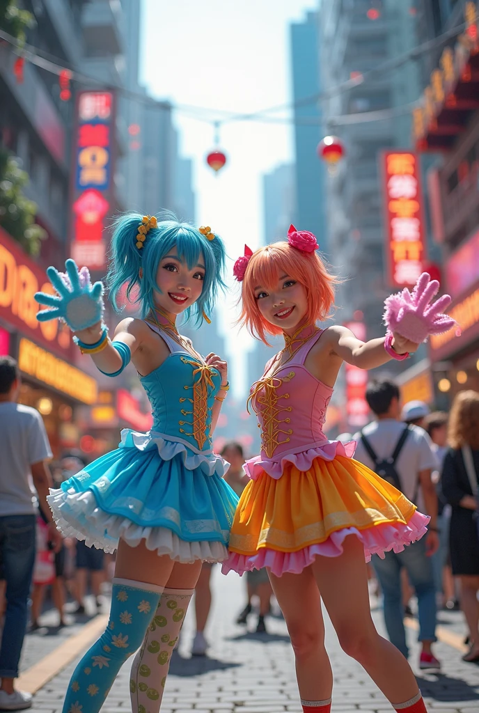 shukezouma, rendering by octane, hdr, (ultra - detailed:1.15), (Soft light, Sharp:1.2), (((duo,Two women in costume take selfies on the street,colorful pigtail, anime cosplaying,))),Beautiful girl, hyper detail eyes, mature, Painting drops, paint teardrops, woman made up from paint, entirely paint, splat, Splash, Long colored hair,paint bulb,paint drops, Exposed shoulders, Tears,shoulders are visible, Thighs exposed, seminude, focus onface, Beautiful face, eye shadows, Dark circle contour,mascara, Beautiful, 18yr old