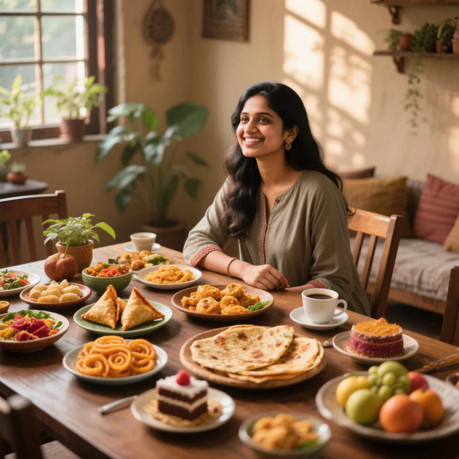 A beautiful Pakistani girl with thick black hair and bright skin, brown eyes and light freckles on her cheeks, wearing casual winter clothes, sitting in a local Pakistani restaurant with Biryani on table, ((laughing)), ((distance from camera)), people in background, mobile camera quality, ((no blur)), natural interior lighting, vibrant colors.