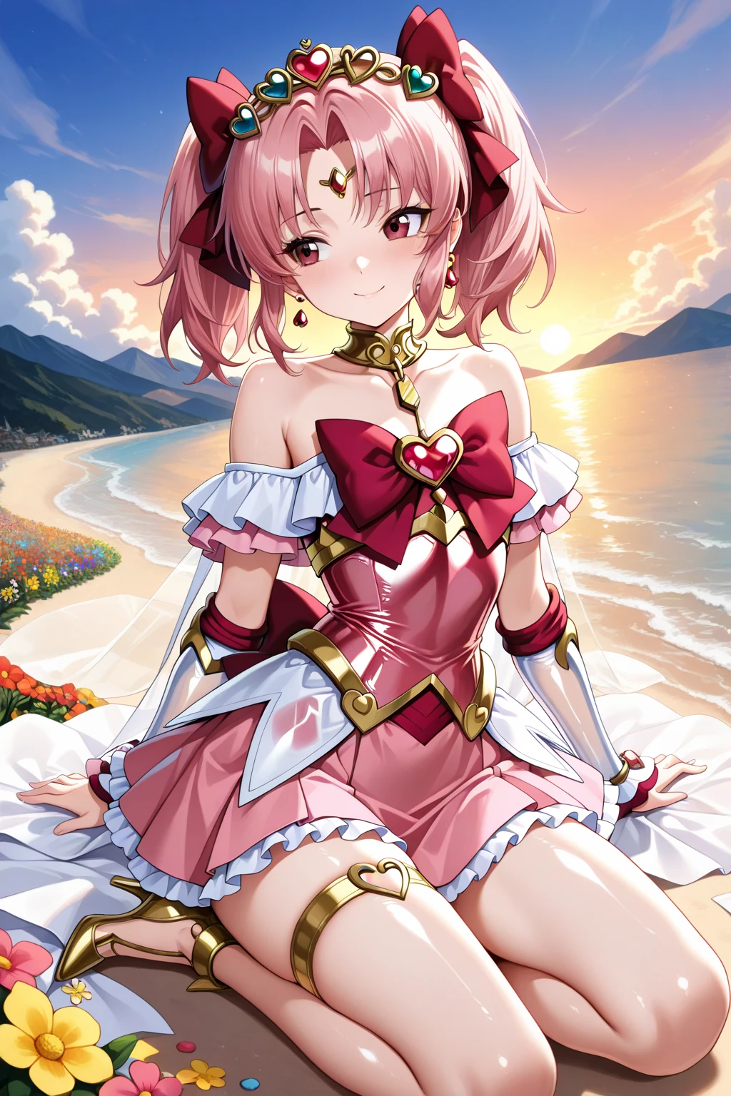 Bright pink hair, pink eyes, woman, sun and cloud background, pink red gold clothes, hair bows, happy face, mermaid outfit, sexy, cat ears, hearts, floating hearts, thigh up, thigh high tights