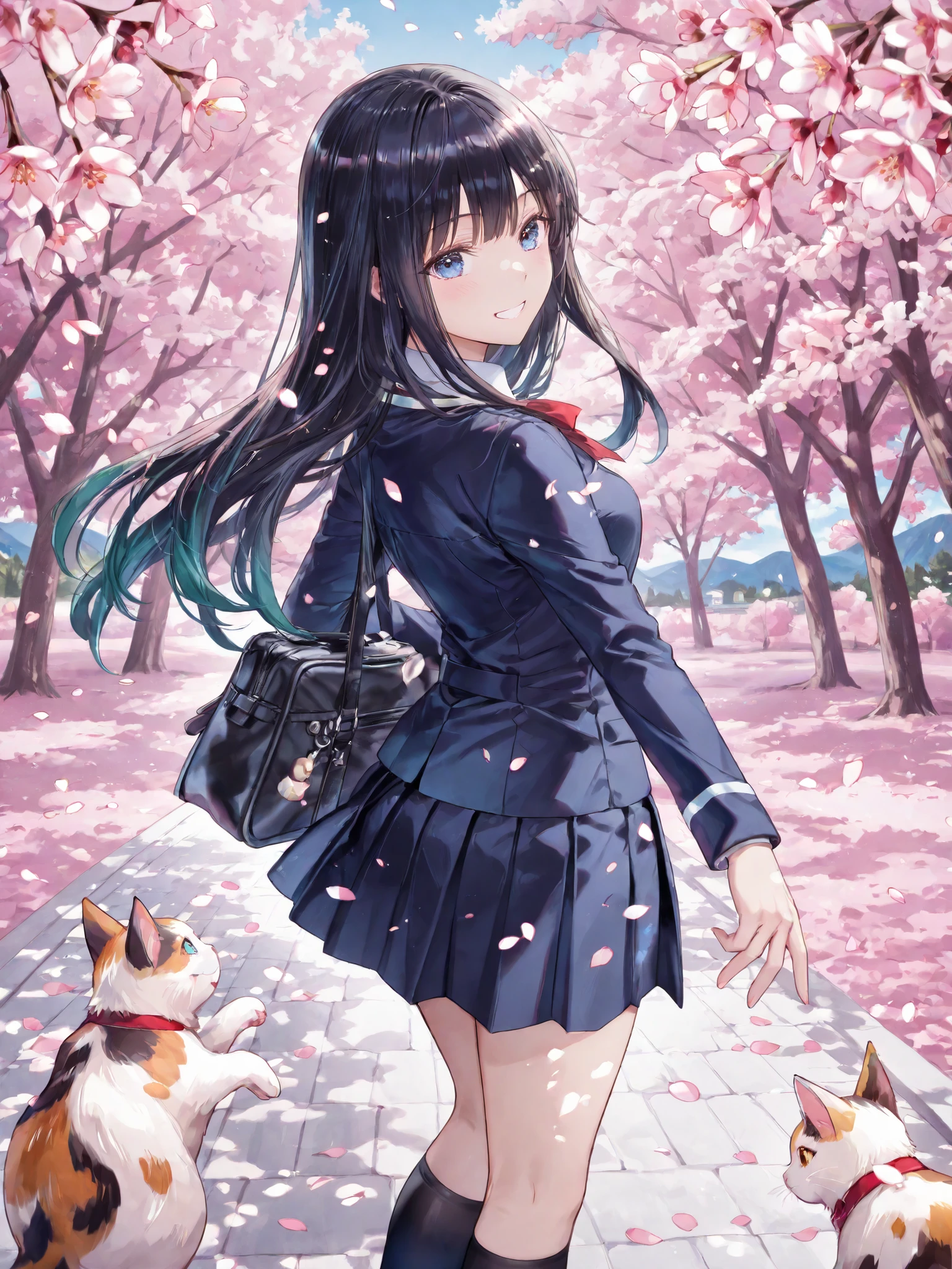 soft touch expression image quality、 soft contrast、Japanese high school girl、long black hair、Red ribbon on back hair、cute smile、Invincible Smile、Navy Blue and Green Blazer Uniform、White and Blue Strife Miniskirt、Black School Socks、Dark Brown Strappy Leather Shoes、May Clear Skies、Mountains in the distance、Small Residential Area、Cherry blossom trees、fluttering cherry blossom petals、Spring scene、path with loose curves、portrait photography、calico cat walking alone