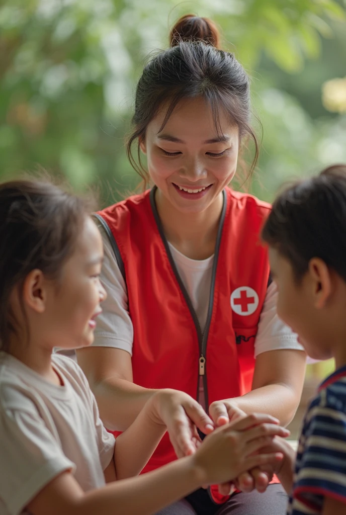 Photo of Indonesian children and Indonesian speech therapists. The therapist holds flash cards and the responds. smile. Indonesian people. 4k ultra realistic. mid shot