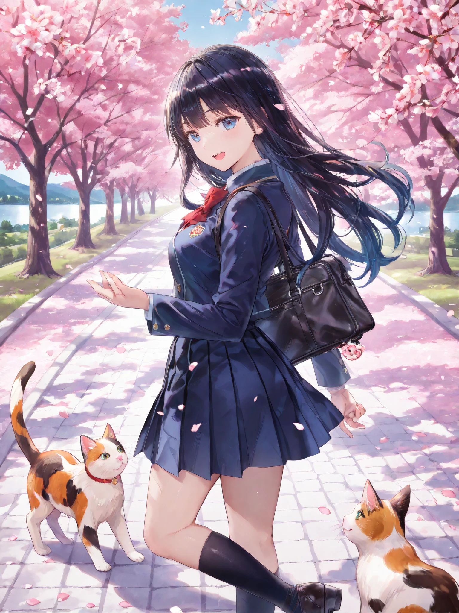 soft touch expression image quality、 soft contrast、Japanese high school girl、long black hair、Red ribbon on back hair、cute smile、Invincible Smile、Navy Blue and Green Blazer Uniform、White and Blue Strife Miniskirt、Black School Socks、Dark Brown Strappy Leather Shoes、May Clear Skies、Mountains in the distance、Small Residential Area、Cherry blossom trees、fluttering cherry blossom petals、Spring scene、path with loose curves、portrait photography、calico cat walking alone