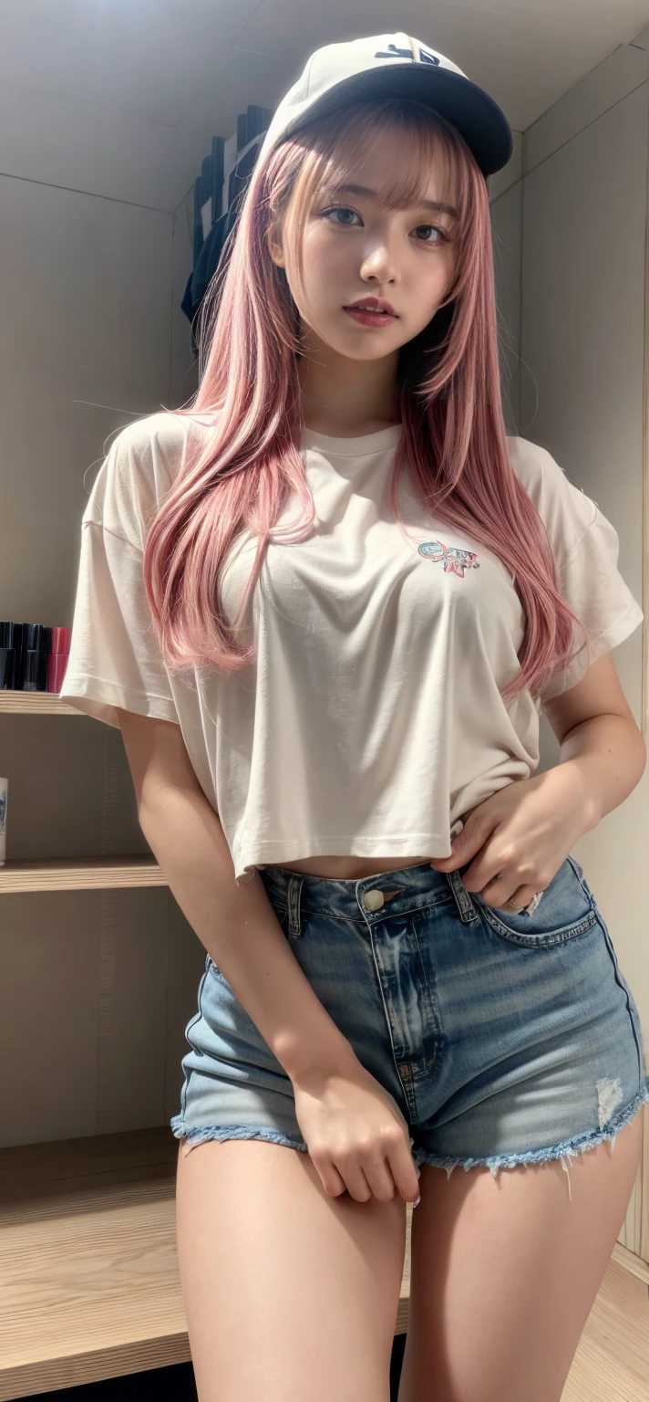 a young athletic girl in short jeans, a random T-shirt with an exposed neckline, a perfect body, big tits, a big ass, pink hair and freckles on her face 