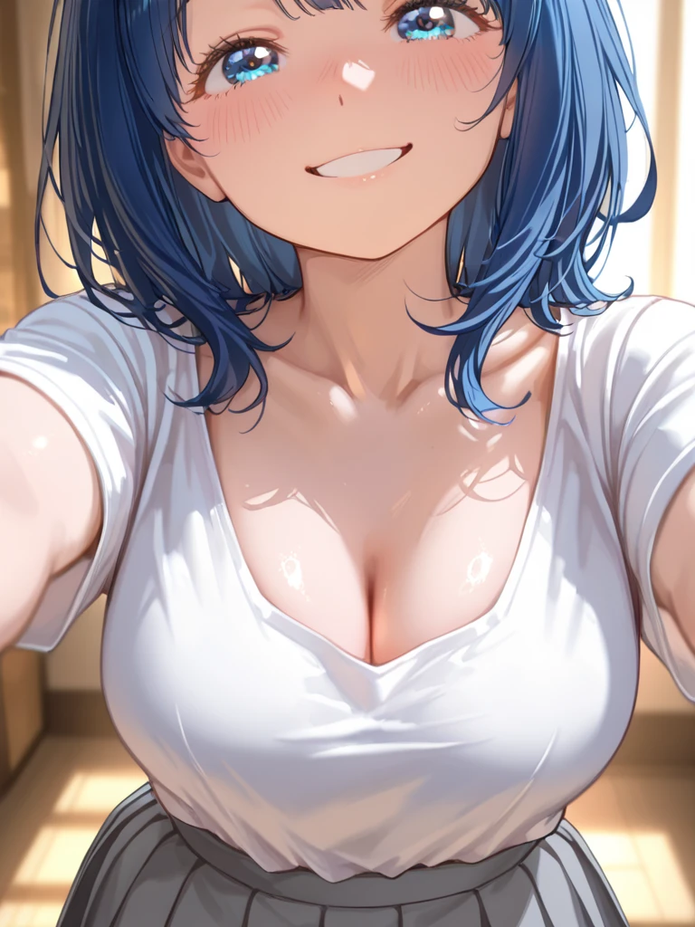 (masterpiece), (best quality), (ultra-detailed), (a extremely delicate), (perfect lighting), (8k), (dynamic angle), (sharp image), vibrant colors, female, masterpiece, best quality, depth of field, cinematic lighting, masterpiece, best quality, ultra-detailed, colorful, vibrant, large breasts, thighs, mature female, solo, (masterpiece, best quality, high resolution, animescreencap, anime colored,), (perfect anatomy, beautiful detailed eyes, beautiful detailed body, beautiful breast, shiny skin), Kurokawa akane, solo girl, in bed, short hair, dark blue hair and green eyes,anime visual of a cute girl standing,screenshot from the anime film, & her expression is solemn, in the anime film, in an anime, anime visual of a young woman, she has a cute expressive face, still from anime, big breast, red cheek, lustful face, fair skin, smiling, arms behind head,show both armpits, bed, curtains, sunlight from windows, white tank top(no bra), laced panties,