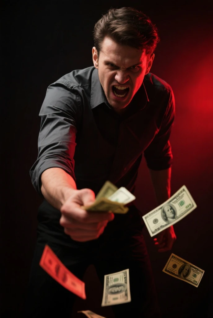 Man fighting money, oil painting, Hard brushstrokes, dramatic lighting, intense expression, determined eyes, hold fists, sweat dripping down his face, wrinkled suit, broken chains, Crumbled dollar bills, crumbling stock market graph, Smoke rises to the bottom, black and white with a touch of gold, Realism. (Best Quality, High resolution, ultra detailed), (realist:1.37), professional, vivid colors.