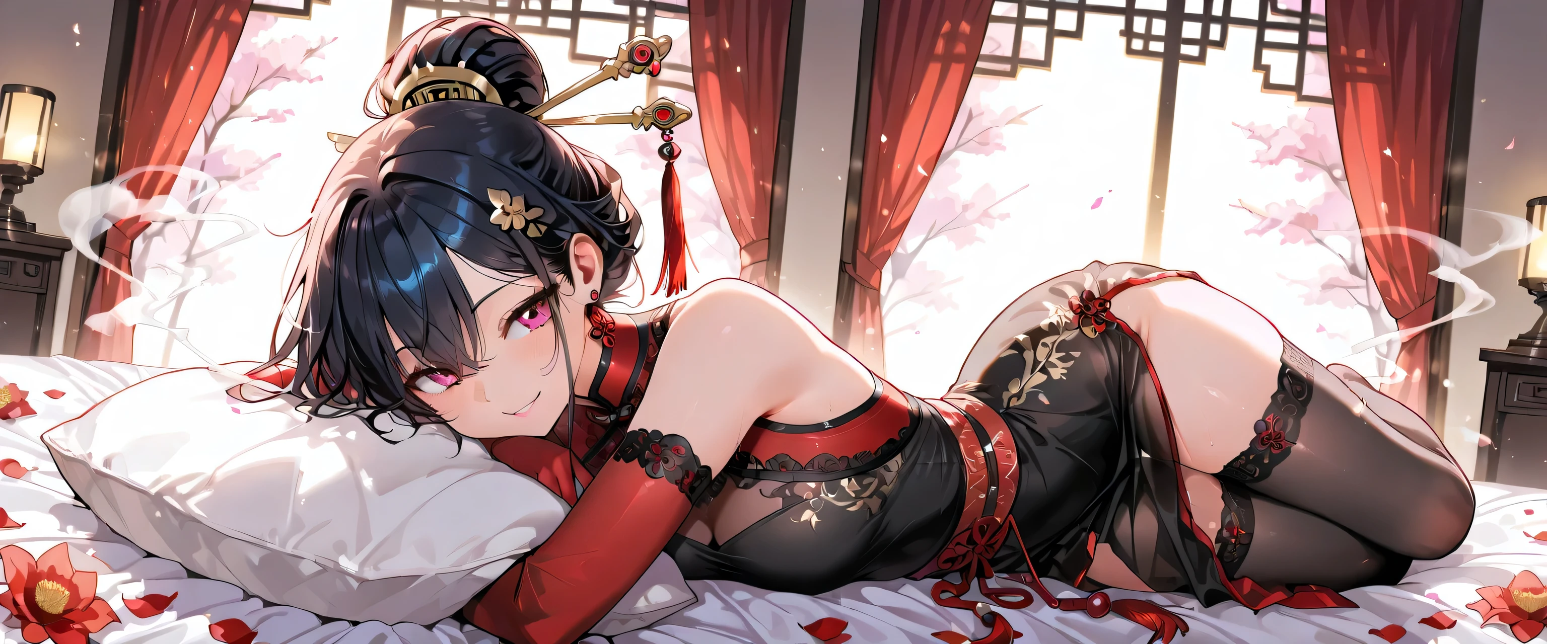 A young woman, red cheongsam, seductive figure, sitting dignified on the edge of the bed