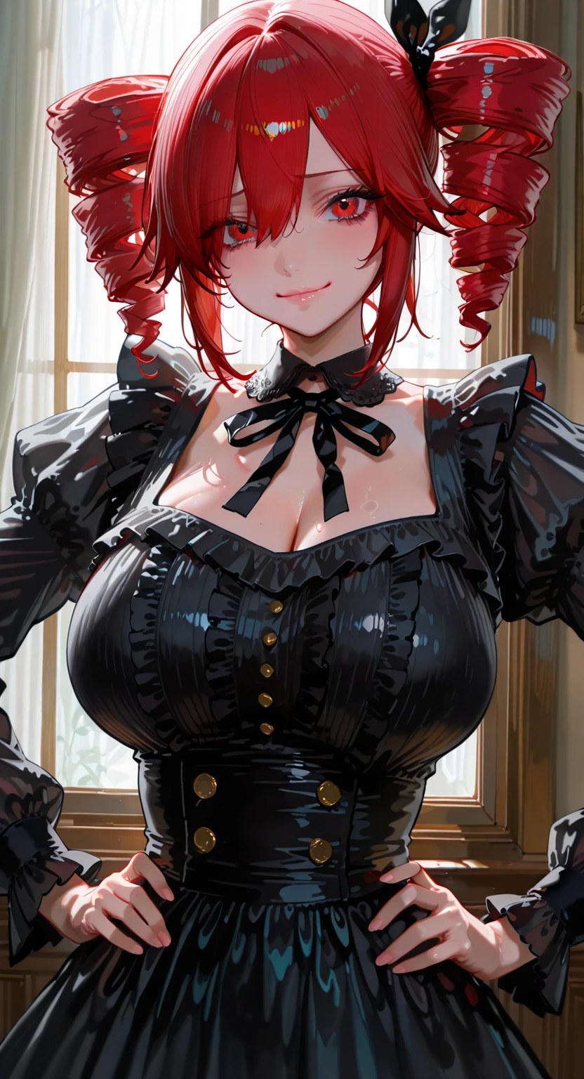 (masterpiece, best quality, perfect hourglass figure, wide waist, blush), busty, portrait, Bleach Ringaku beauty perfect face, flawless eyes, empty gradient background, beautiful lips, full lips, (arms behind back), perfect waist, cowboy shot, perfect hips,, wide smile, sanpaku, concave bangs, round pupils, evil eyes, tan, dark skin, brown skin, Matsumoto hair, huge breasts, saggy breasts, Ringaku Matsumoto hair, GothGal, wearing a GothGal outfi, dress, frills, Matsumoto, oiled boobs, gothic makeup,