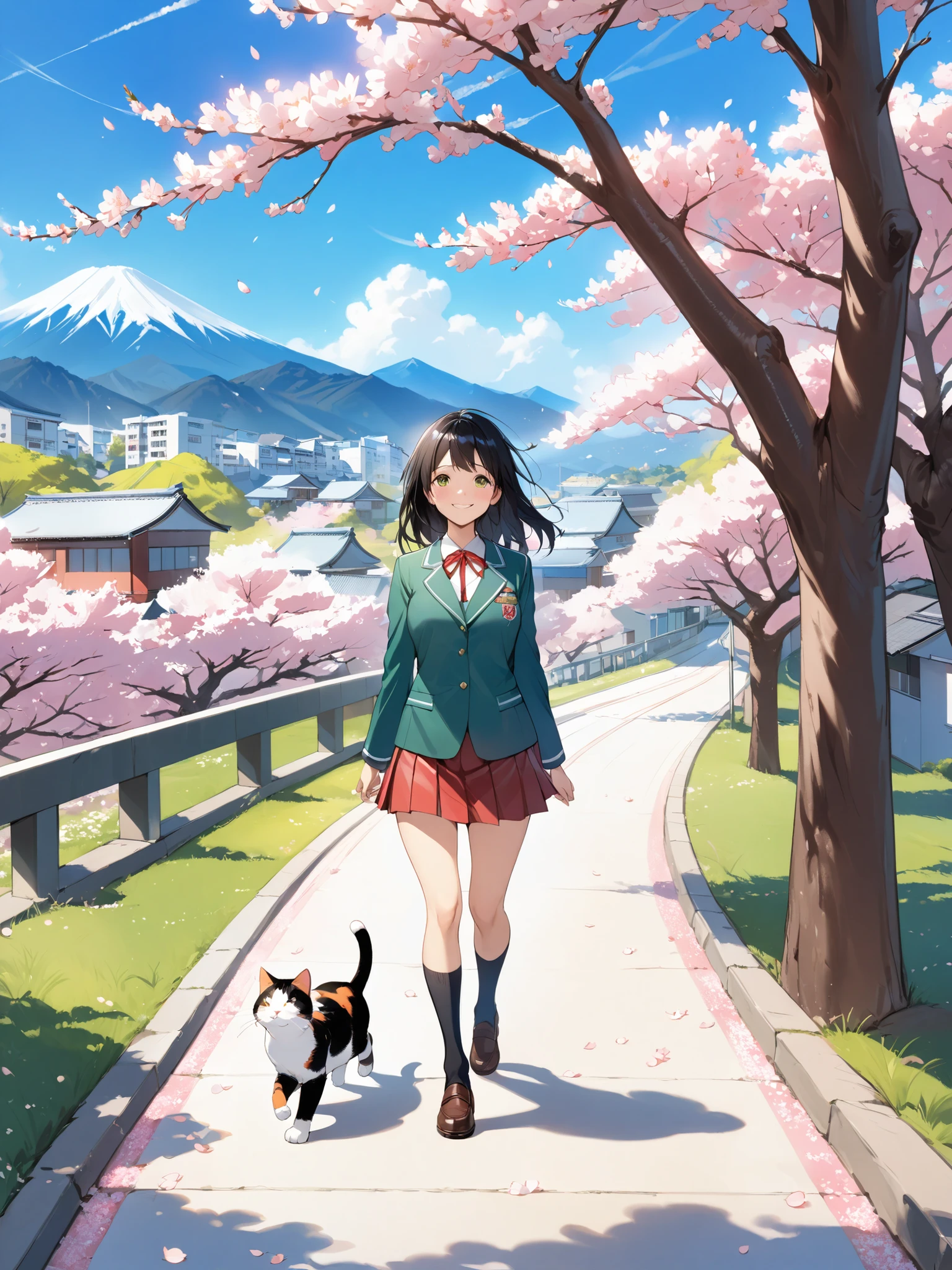 soft touch expression image quality、 soft contrast、Japanese high school girl、long black hair、Red ribbon on back hair、cute smile、Invincible Smile、Navy Blue and Green Blazer Uniform、White and Blue Strife Miniskirt、Black School Socks、Dark Brown Strappy Leather Shoes、May Clear Skies、Mountains in the distance、Small Residential Area、Cherry blossom trees、fluttering cherry blossom petals、Spring scene、path with loose curves、portrait photography、calico cat walking alone
