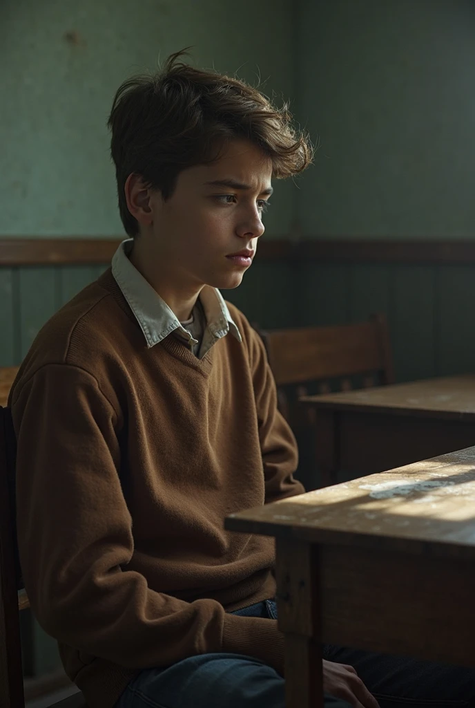 A beautiful and very sad boy, fourteen years old, overwhelmed by grief, with beautiful face, European traits, light eyes, the broken heart, without illusions, and with a lot of feeling, In his bedroom, sitting in an armchair.