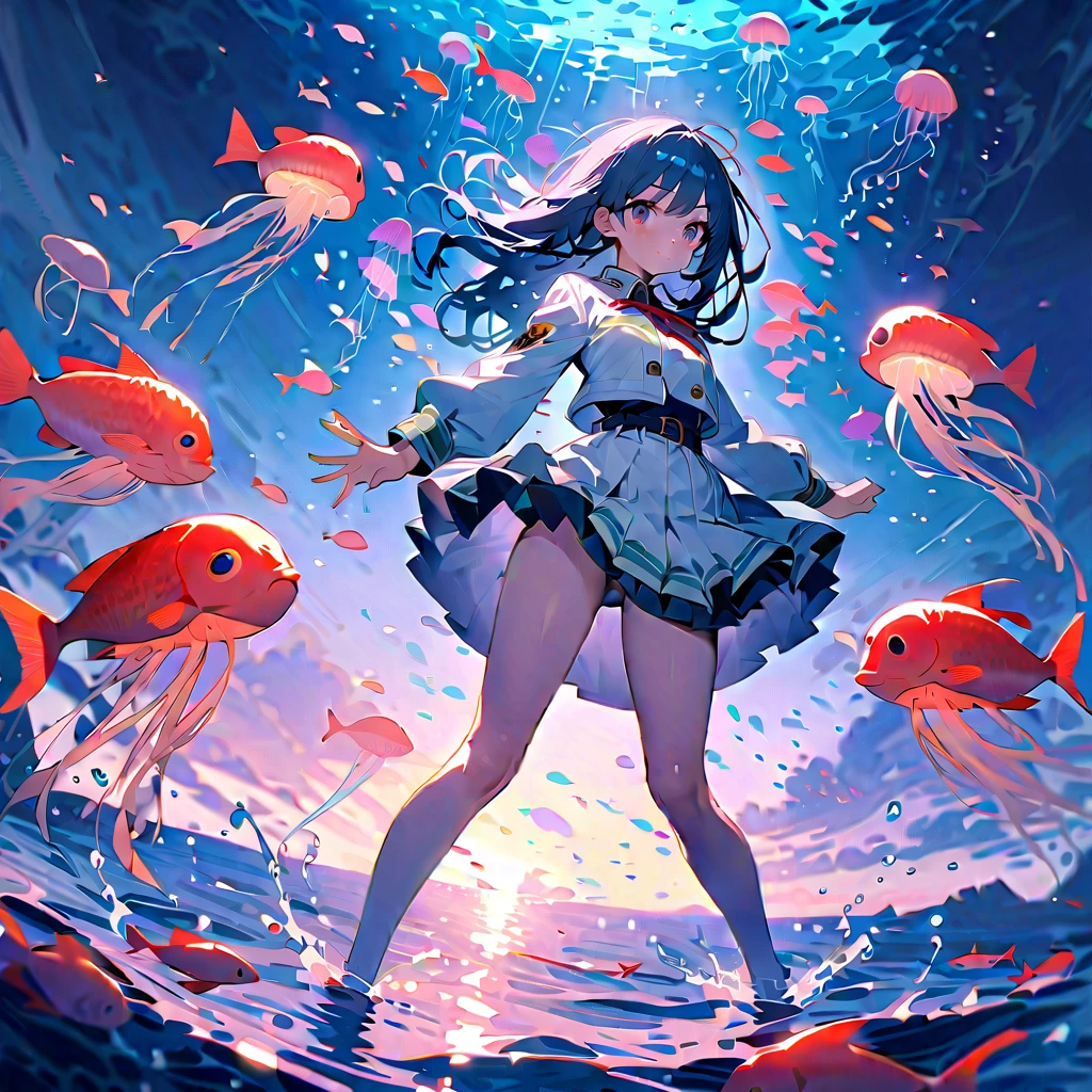 (masterpiece), (best quality), (official art, extremely detailed CG unity 8k wallpaper), (highly detailed), ((absurdres)), 1girl, mid shot, full body, (exquisite facial features), ((sfw)), ((white thighhighs without shoes)),flower-shaped pupils, color contact lenses, ((underwater)),(beautiful detailed water),((coral)),dynamic angle, floating,(detailed light),floating hair,(splash),((fishes)),leaves dress, feather, nature,(sunlight),(underwater forest),(bloom),(detailed glow),drenched, seaweed, fish,(((Tyndall effect)))