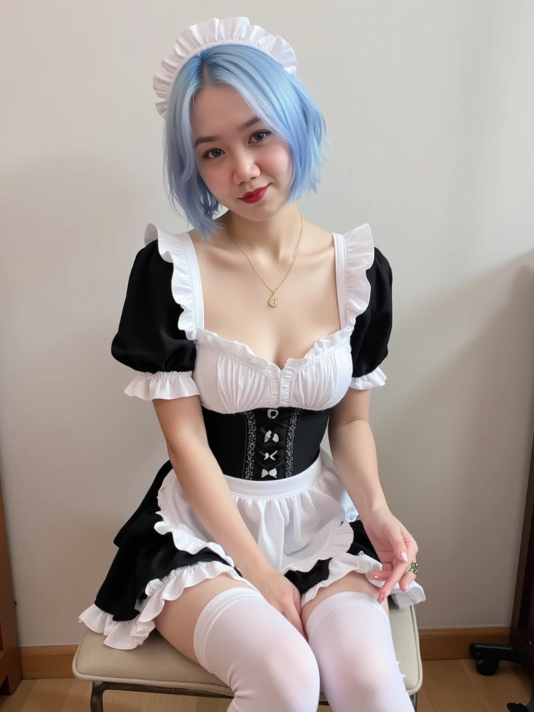 ((16K)),(masterpiece:1.3, Highest quality, Ultra-high resolution, Super detailed), (Realistic, photoRealistic:1.4), Perfect lighting, Depth of written boundary, Browsing Caution, Surrealism,Face Light,(( large breasts)),Beautiful detailed hair,((Beautiful eyelashes)), Beautifully detailed face, Beautiful fine details, Beautiful body, thin脚,Beautiful breasts, Beautiful feet, ((Beautiful Hands)), thin, 1 girl, 23 years old,Perfect Face, Long eyelashes,Perfect Anatomy, Supermodel with a long neck,((Skinny1.2)),(Perfect Anatomy,Anatomically correct, Highly detailed skin), Shiny skin,((beautiful girl:1.1)), ((Smiling happily:1.2)),((Skirt-Lift:1.4)),((from below:1.2)),rem_\(re:NULL\), ((blue hair, short hair)), (hair over one eye:1.3), eyes_ass visible_through_hair, Blue eyes, roswaal_mansion_maid_uniform, apron, white thighhighs, garter straps, standing, upper body, outdoors, mansion, buzzer, garden, flowers, trees, grass, bushes, sunlight,