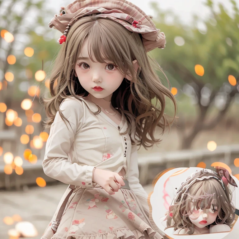 Make me a blythe doll with light brown skin, with salmon pink wavy hair and big brown eyes,