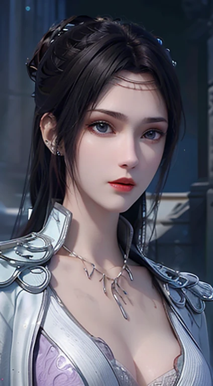 1 sexy sexy beautiful girl in hanfu dress, blue thin silk top with white pattern, white lace trim, purple-black long ponytail, hair jewelry, ear jewelry, necklace and ring neck, meticulously drawn big blue eyes, meticulous makeup, thin eyebrows, high nose, pretty red lips, not smiling, pursed lips, rosy cheeks, enlarged breasts, huge breasts, well-proportioned breasts, slim waist, blue mesh socks, loose sleeves, chinese hanfu style, fictional art textures, vivid and realistic colors, RAW photos, realistic photos, ultra high quality 8k surreal photos, (light effect) awesome) awesome: 1.8), 10x pixels, magic effect (background): 1.8), super detailed eyes, girl upper body, girl portrait, girl alone, hanfu history background,