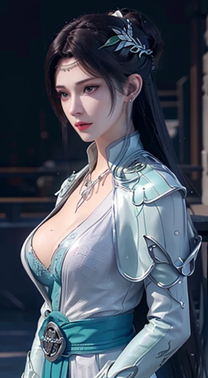 ((Best quality, 8k, Masterpiece :1.3)), Whole body, Sharp focus :1.2, A pretty woman with perfect figure :1.4, Slender abs :1.2, ((Dark brown hair, Big breasts :1.2)), body dress :1.1, (Night city view, Modern balcony :1.1), Highly detailed face and skin texture, Detailed eyes, Double eyelid, Small Bust, OL Uniform, Office Wear, white T-shirt, exposed cleavage, (Black Pantyhose), (No Panties), Interior Scene, Office