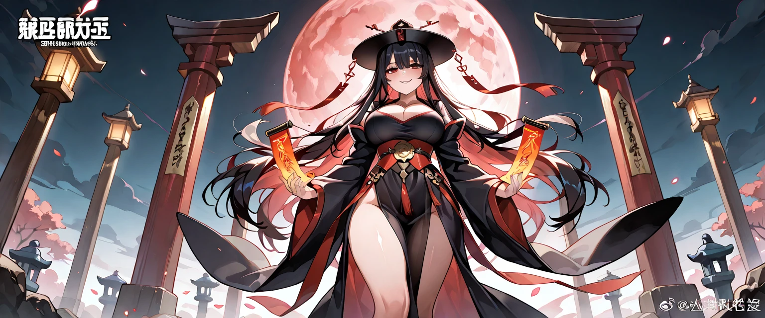A closeup of a Woman with black hair, Fox ears, (Ornaments on the head) (holding a fox mask made of seramica) (Wearing a red and black kimono and long neckline on the bust) (Flowing hair) (in a Japanese temple on fire with the Moon behind), (Extremely Pale Skin) (Evil Smile) (Villain Smile) (Kumiho) (Ahri league of lengens) Full body commission for anime,  ultra detailed, (dark scenery), natural lighting, realistic lighting, detailed shadows, no deformities, 8K, 4K