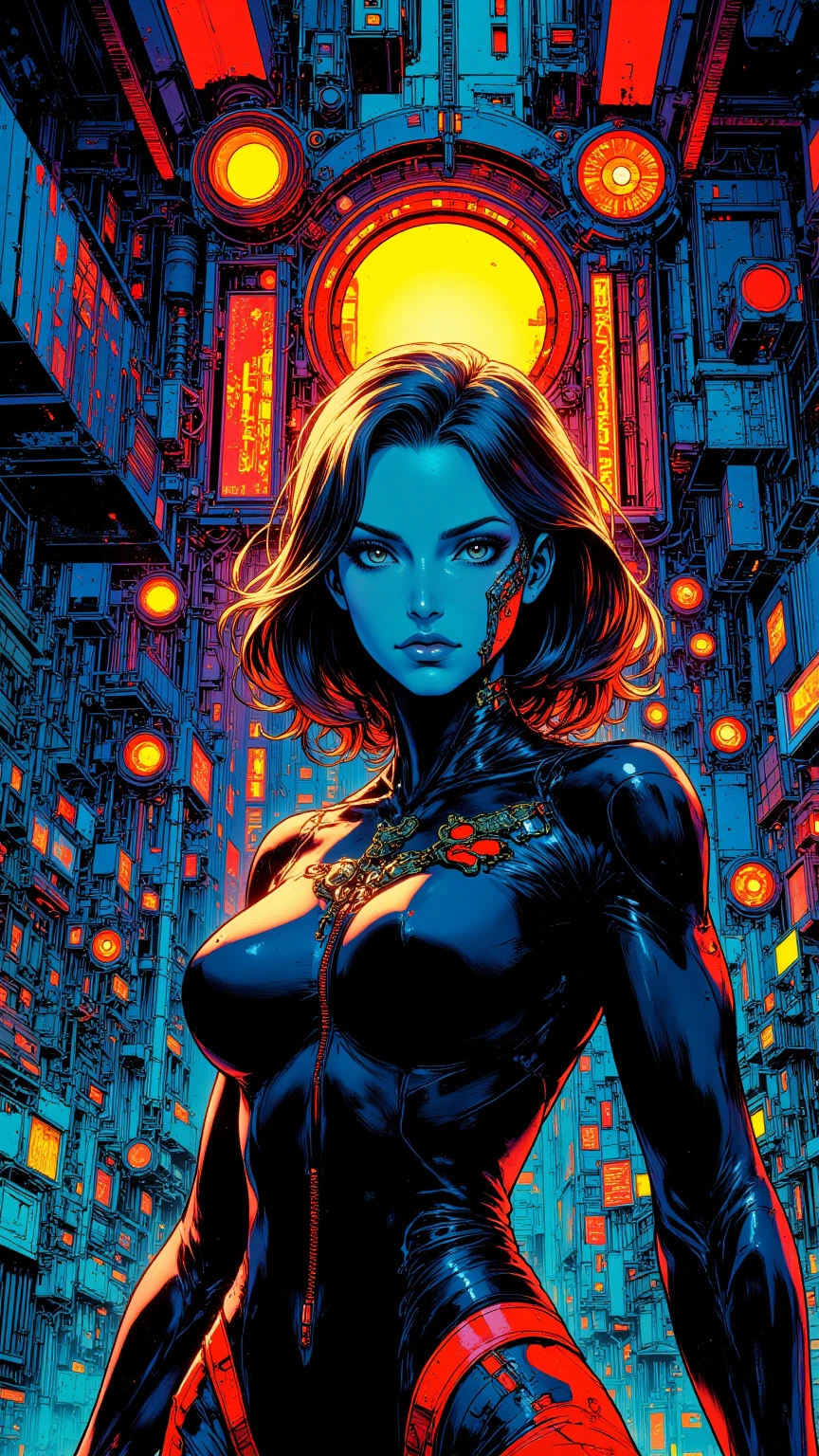 (best quality,ultra-detailed,realistic:1.37),woman cyborg,red eyes,evil,anime,huge ,sleek metallic body,expressionless face,glowing circuits,enormous energy blade,mechanical limbs,dystopian city backdrop,neon lights reflection,dark and ominous atmosphere