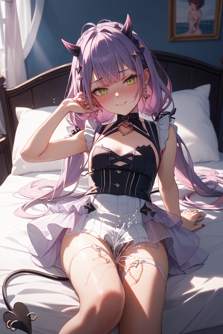 ((1girl)),Beautiful boy dressed as a woman、purple hair、(short twin-tailed hair)、Scrunchies in hair、frilled hoodie、frilled skirt、(laced black pantyhose)、flat chest、erotic legs,Full body illustration、
frilly clothes,frilly bed,see-throght,
(((spread legs,showing printed panties)))