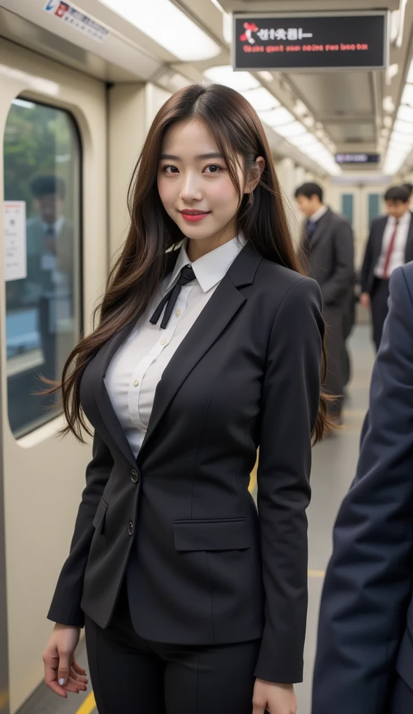 ((best quality)), ((muste piece)), (detailed breasts), (highlight), perfect face、Young girl highlighting large breasts with detailed face、Long, thick, glossy, beautiful black hair with blunt bangs、solid color background、Standing student council president wearing blazer and miniskirt school uniform Japanese high school girl