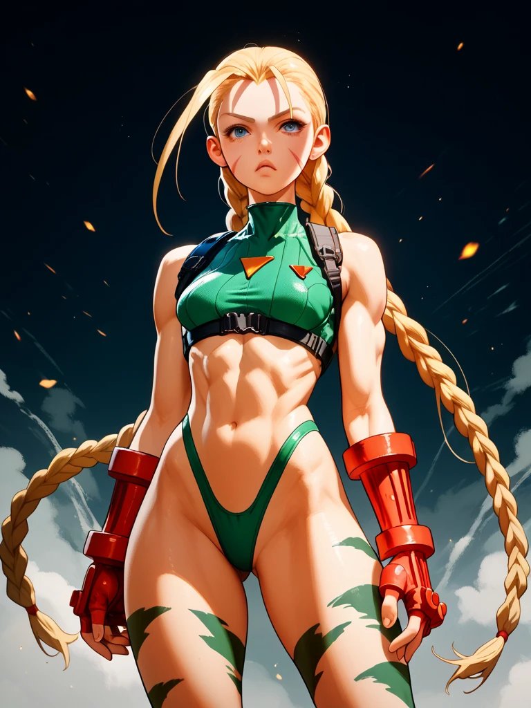 1girl como SF2CW, Cammy branco com corpo perfeito,Beautiful, corpo tonificado:1.2, jaqueta camuflada,malha verde, boina vermelha, Botas longas castanho escuro, braided hair, louro, Standing, (Image from head to thigh),
