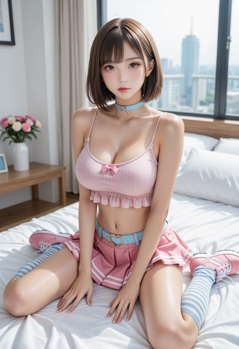 very cute and beautiful girl,teen,(highly detailed beautiful face),
white blouse,(open clothes,laced pink bra:1.13) BREAK sitting on bed sheet,spread legs,
(smile:1.2),happy,looking at viewer,pleated navy blue mini skirt BREAK
antique hotel bedroom,gorgeous furnitures,black hair,
(best quality,masterpiece:1.0),absurdres,highres,ultra-detailed,extremely detailed,32k,8k resolution,
intricate details,cinematic scene,detailed background,solo,dynamic angle,