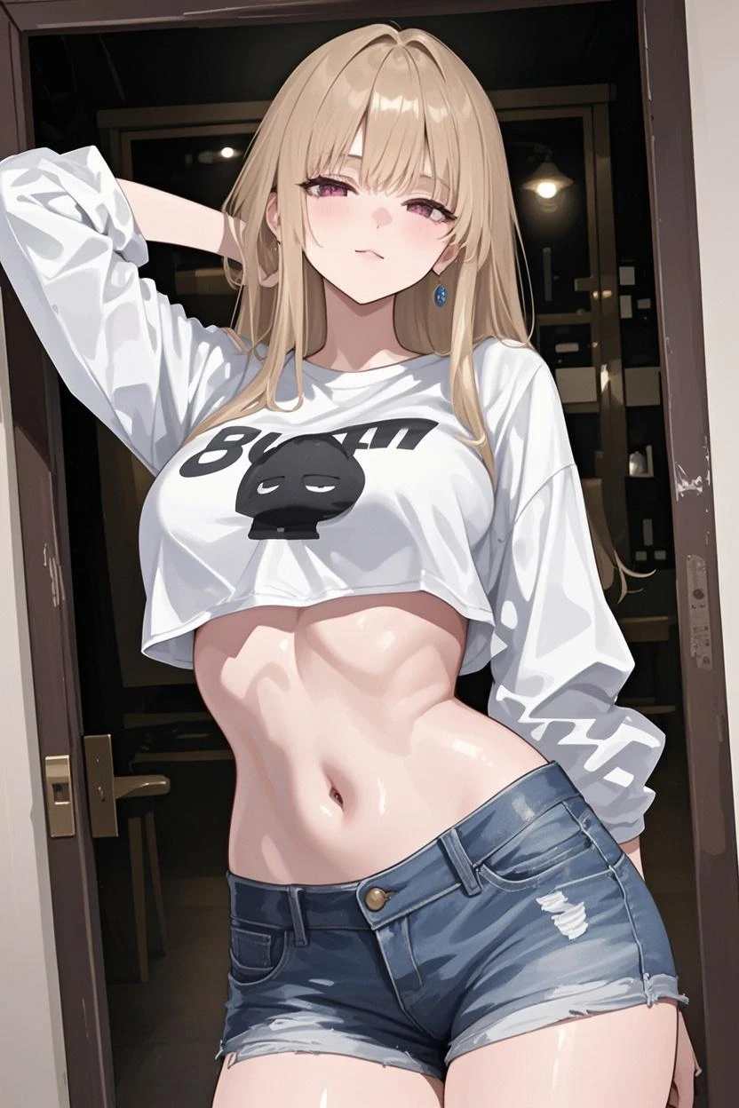 blonde woman, with fashionable black sunglasses, with a long-sleeved shirt, with her navel visible, with gray pants