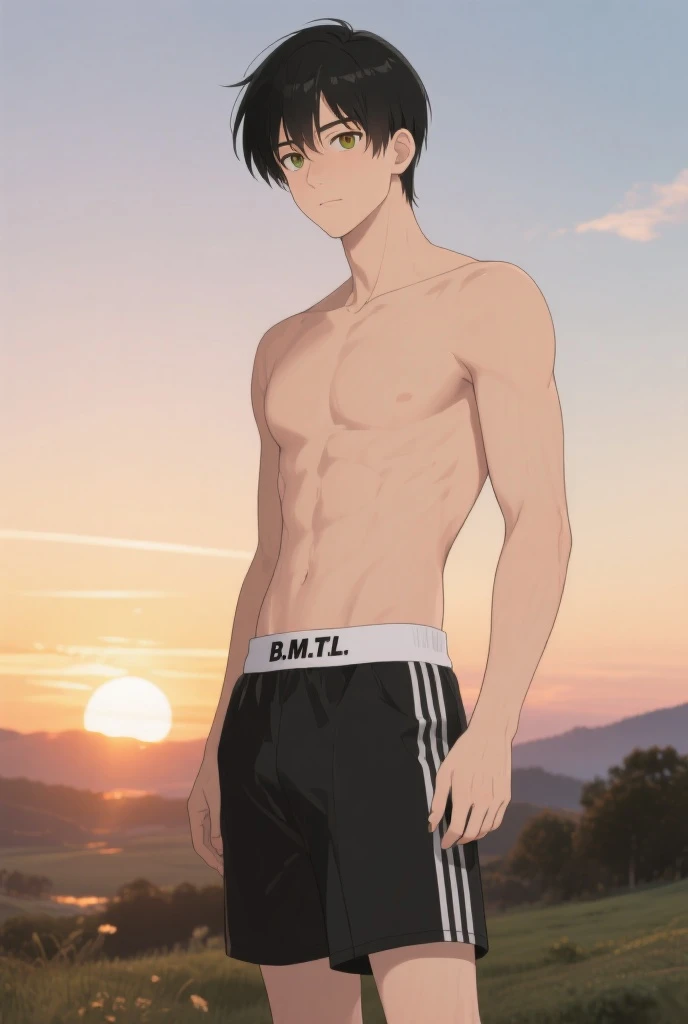 beginner thin anime male with no muscular body without t-shirt who has no experience in body building