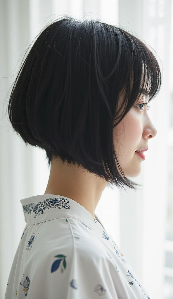 8k, (RAW Photos), (Photorealistic:1.4), (4K best image quality:1.2), (High resolution:1.4), (Ultra-realistic:1.1), Depth of written boundary, (Detailed face), (Fine grain), Beautiful Eyes, (Skinny Japanese woman, Age 35), A slightly depressed look, In front of the white door, ((In a room with white walls and a window)), Natural soft light, short hair, (Layered Haircut:1.2), (Detailed expression of hair), (profile), Various poses, Random Pause, Holder only