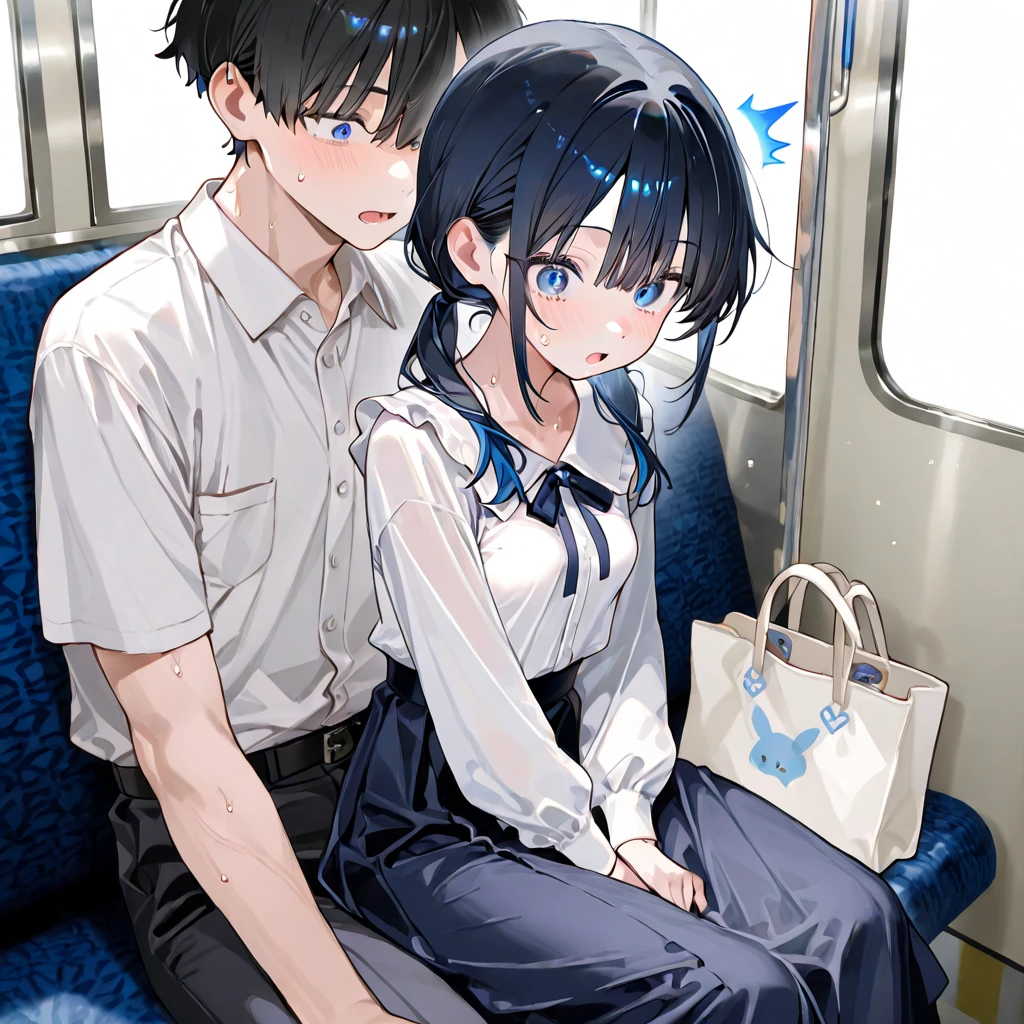 blue eyes, wearing long plain white shirt, high res, ultrasharp, masterpiece, wet shirt, black short hair, pussy, crowd not notice visible to viewer, mysterious smile, secretly having sex in front of others, tiny girl, very close to other people, inside a bus, person sitting on seat next to her, hard thrust