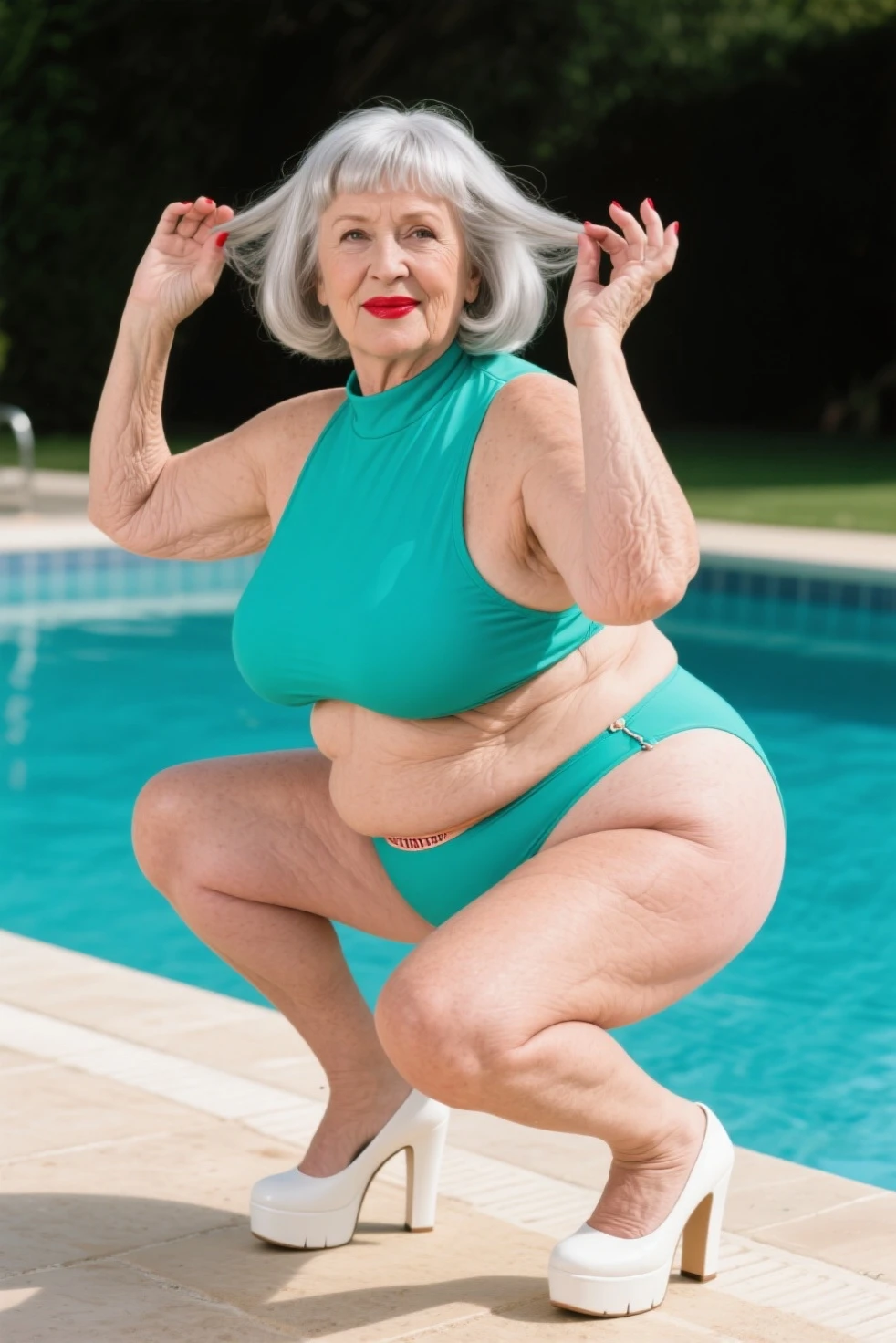 shot from side, an American woman, 78 years old, all on fours, chubby body, wearing sexy fashionable bikini, smiling, beautiful wrinkled skin, beautiful straight long hair.
