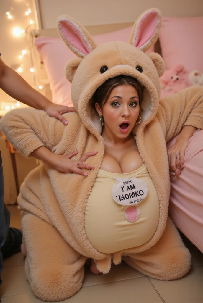 Obese hijabi woman wearing a fluffy fleece robe with a leopard print