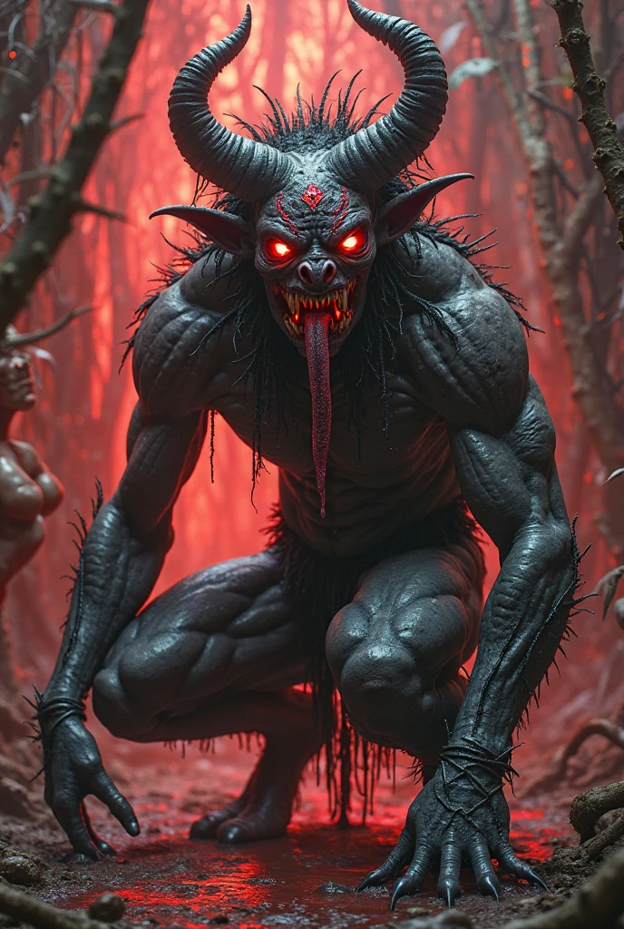 a beautiful demonic creature,demon,creature,horns,glowing eyes,sharp teeth,erect penis,muscular body,detailed anatomy,fantasy,dark,moody,dramatic lighting,cinematic,hyper detailed,octane render,4k,ultra-detailed,photorealistic,professional digital art
