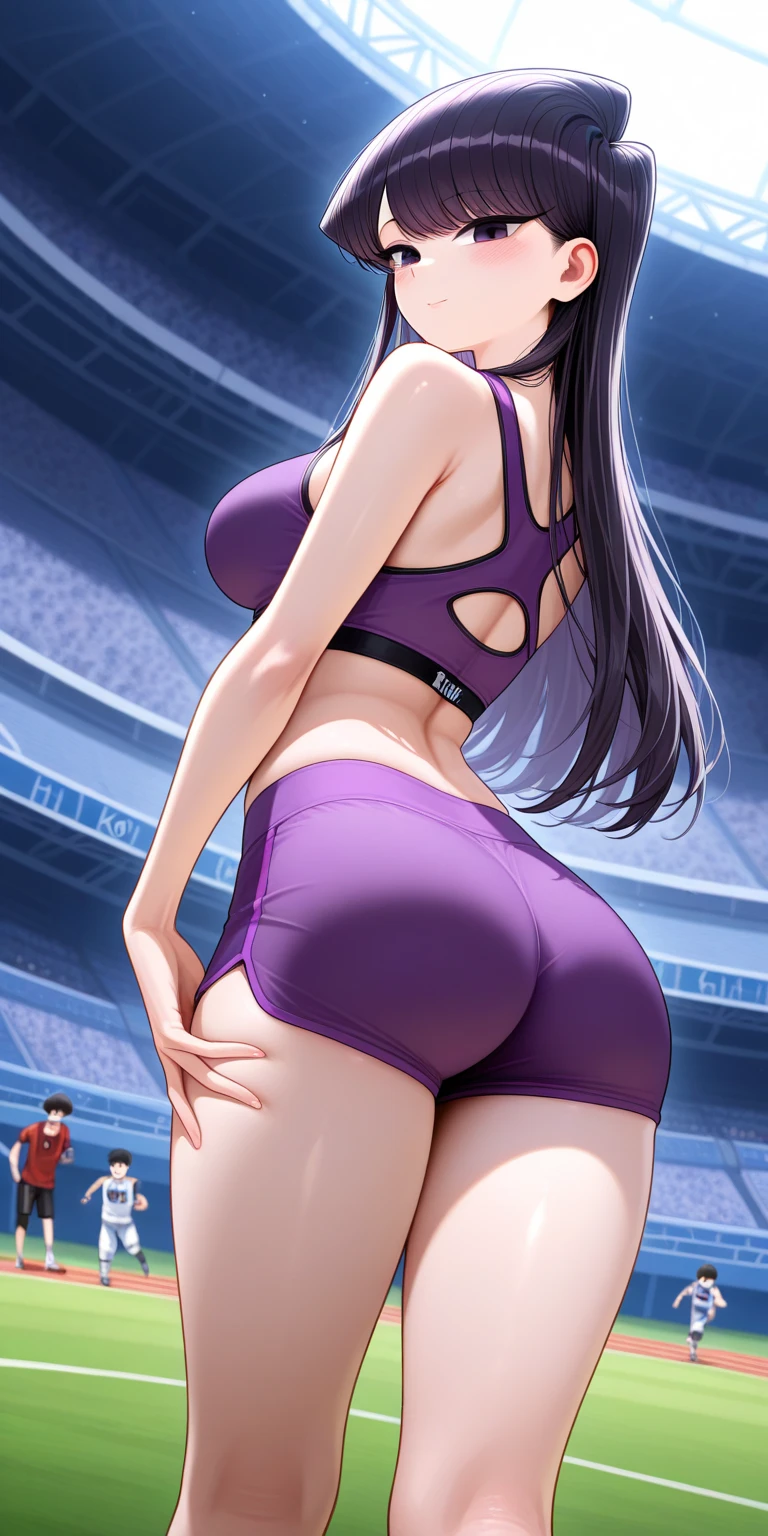 Akeno Himejima, 1girl, (((bimbo))), long blue gray hair, purple eyes, ear rings, (((bimbo))), puffy lips, painted lips, thick lips, smile face, wide hips, thick thighs, huge round ass, huge natural Hitomi Tanaka breasts, tennis outfit, white panties, short skirt, nipples