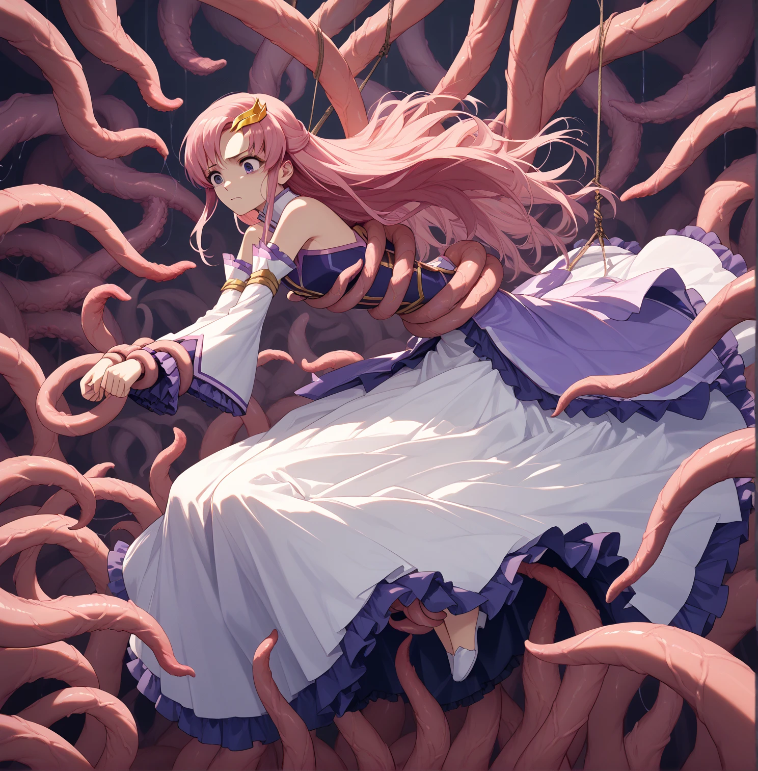 Partially underwater,最high quality,high quality, , Long Hair, Brown Hair, Wet Hair, Flat Chest,Dark underground labyrinth,No light,Cloth armor,Equipped with a dagger and a shield,Face above water,Body in water, Underwater Photography,The robe rolls up due to buoyancy,Painful face、My leg is pulled by tentacles、Being dragged into the water、Go wild