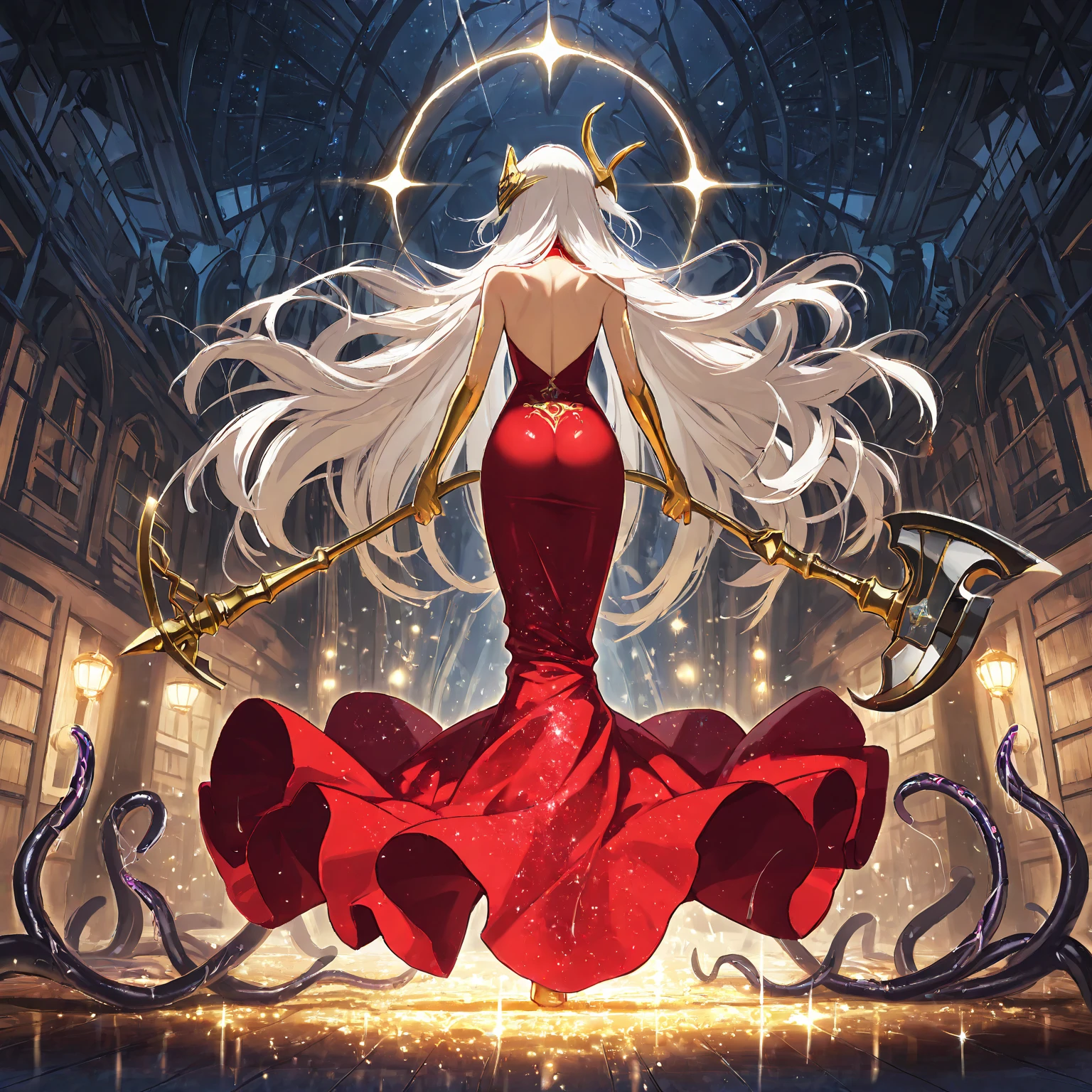 ethereal fantasy concept art of 1girl, solo, adult mature woman high quality, best quality, highres, film grain <lora:ORG-62:0.8>, dr3ss, opal gems, (powerful storm queen), ((black satin applique ballgown, gold crimson trim)),dominant, mysterious, evil,sinister, gothic, (((arc lightning starmetal glowing headress tiara))), high contrast lighting, matte black, crimson red eyes, fantasy, high quality, digital art,, rose petals, high heels, chest jewel, high collar (swirling roses) . magnificent, celestial, ethereal, painterly, epic, majestic, magical, fantasy art, cover art, dreamy