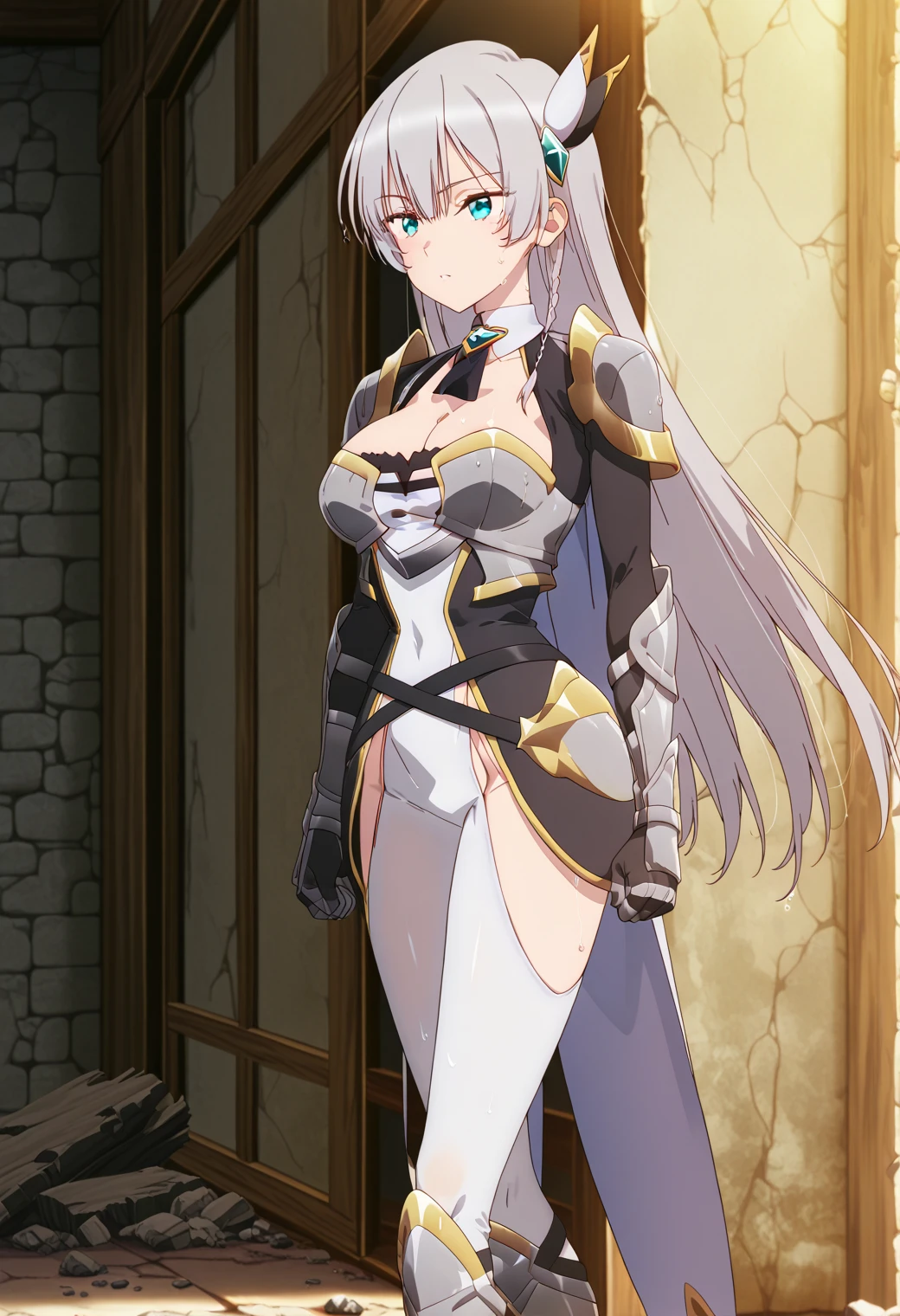 Ariane,masterpiece, best quality, ultra-detailed, glistening shiny, glowing light, ray tracing, HDR, deph of field, (perfect face, detailed face, detailed eyes),(small breasts:1.2),8k,HD,ultra realistic face,ray tracing,perfect lighting, ultra-detailed, shiny eyes,((upper teeth smile)), (looking at viewer), ((1girl)), (mature female:1.4),cowboy shot,((view from below)):1.2,thighs, white hair,((gradient hair)),red eyes, gradient eyes, (glowing eyes:1.1), mascara, (fashion make up), (garden:1.4),(complex background, many elements in the background:1.2),((super detailed background)), dynamic poses, ((8k wallpaper)), black thighhighs, thigh straps, white shirt, black bowtie, miniskirt, white gloves, ahoge, purple sleeves, white lace panties,