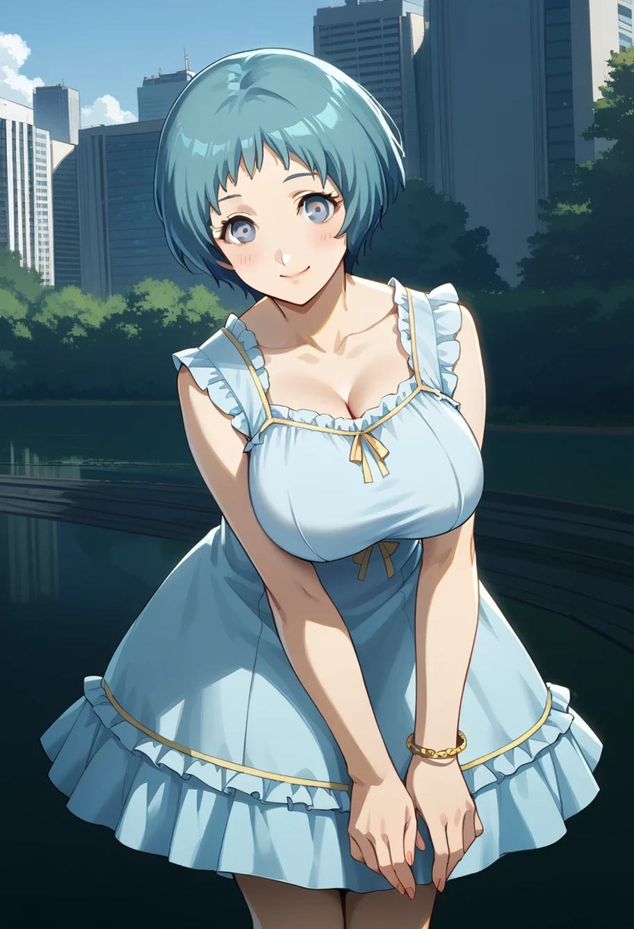 score_9, score_8_up, source_anime
(masterwork, masterpiece, best quality, hyper-detailed :1.2),
1 girl, solo, cute face, cute pose
p3fuuka, yamagishi fuuka, short hair, aqua hair, gray eyes,
p3fuuka-sumcas,dress, blue dress, sundress, casual, bracelet
outdoors, cityscape, trees, greenery, standing, cowboy shot, looking at viewer, smile,bend over,hand on knees,gigantic breasts,show cleavage ,shy smile