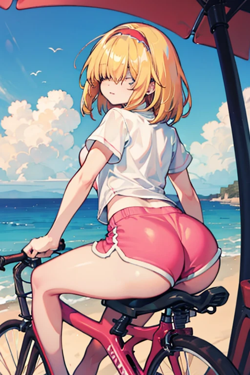(anime style),masterpiece, best quality, extremely detailed,16Year old,tanned skin,dark skin, Beautiful body,glamour breasts,bouncing_breasts,BREAK,multicolored colorful blonde hair,short hair,hair slicked back,BREAK,black eyes,happy smile,open mouth,eyes widen,happiness
smile face,detailed lips,open legs,BREAK,cotton black big ribbon,BREAK,yellow hanging bikini,break,head tilt,beach side,ride on cycle,
