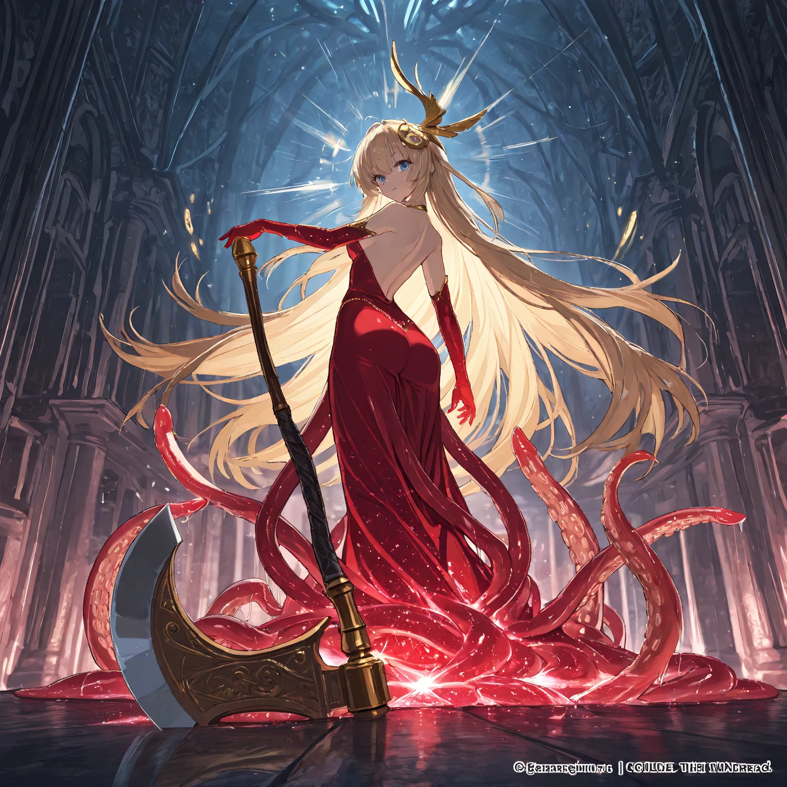 (SOLO:1.5), ANIME, (CLEAR FACE:1.3), illustration, ultra-detailed, original, official_art, 
(red holographic dress:1.4), (bare legs:1.4), see-through, mature woman, lips, 
red high heels, strapless, cleavage, center opening, blonde hair, european,
outdoors, ruins, nature, wind, sunset, sunlight, shadow, 
tentacles, alien, xenomorph, cyborg, cable,
SEDUCTIVE SMILE,
walking, crossed_legs, spread_legs,
(full body:1.4),, (masterpiece,  best quality),