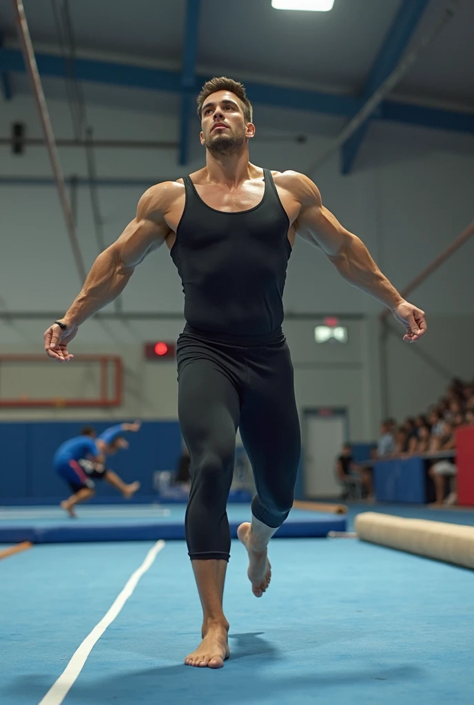 Best image quality, Ultra-high resolution, photograph,1 male,Long legs, Blue tight wrestling singlet,Black long sleeve high neck compression shirt,Black long tights,White socks that come down to mid-calf,White sneakers,