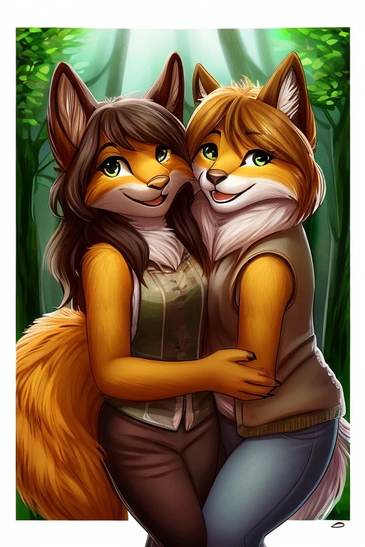 uploaded the e621, beautiful and detailed, woman (((female))) ((anthro)) Fox, (Averi, Fox girl), Fox, (anthro, fluffy fur), anthro fox girl, body fur, curvy, sexy, nice, cute, hot, comfortable anime-style cartoon-style, digital drawing, SFW, flat chest, chest fluff, nervous smiling, green eyes, sassy, sassy hips, smug, fangs, forest, wet fur, 2 girls