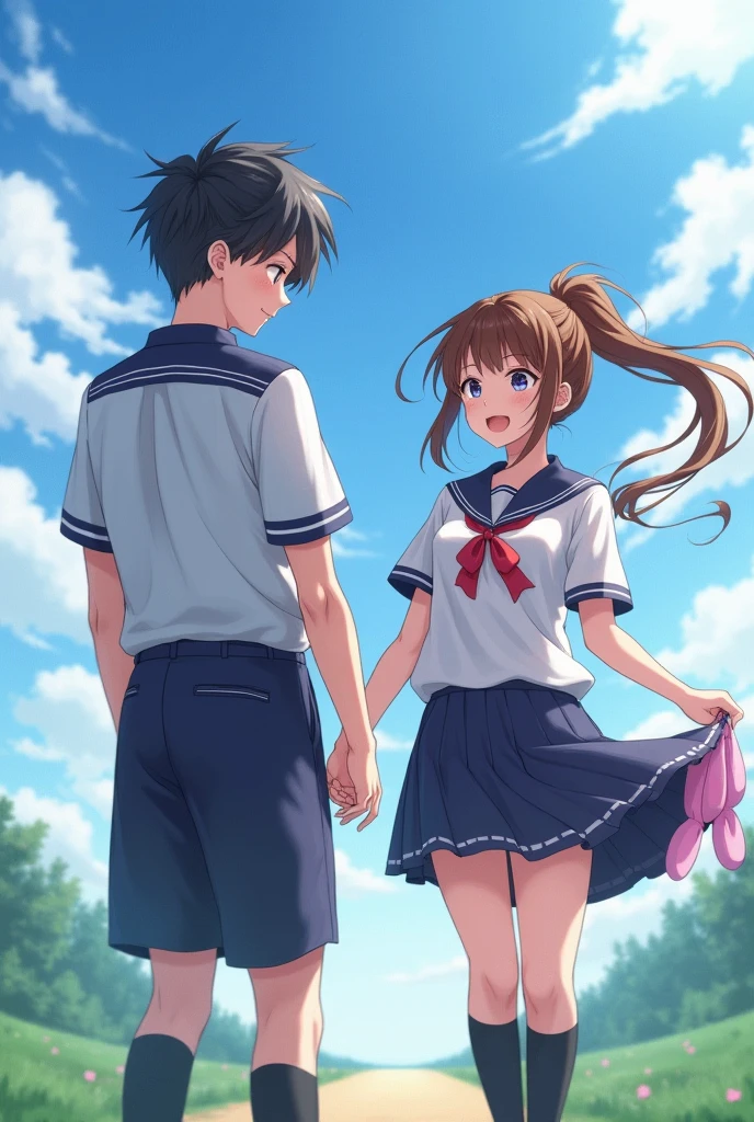 17A high school girl wearing a sailor uniform、Her skirt is being flipped up by a male student wearing a classmate's uniform、Her underwear is exposed and she is desperately resisting、