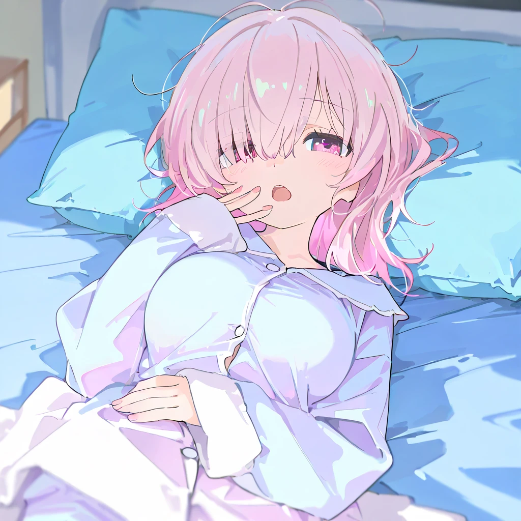inn、Sit on the bed、Beautiful girl waiting for sex、Flushed face、Pink Hair、Twin Drill