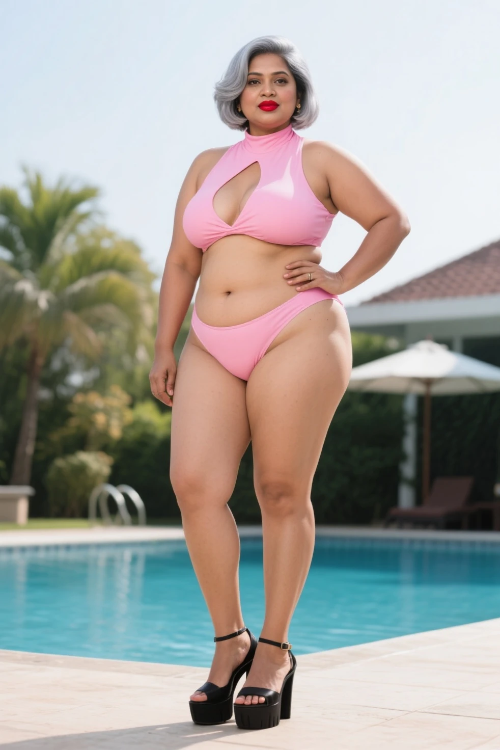 woman in a bikini walking on a dock near a building, gorgeous lady, with beautiful exotic, wearing seashell attire, demi rose, bella poarch, she is dressed as a belly dancer, beautiful aesthetic, dua lipa, cardi b, skinny waist and thick hips, 🤬 🤮 💕 🎀, exclusive, comfy, with flowers