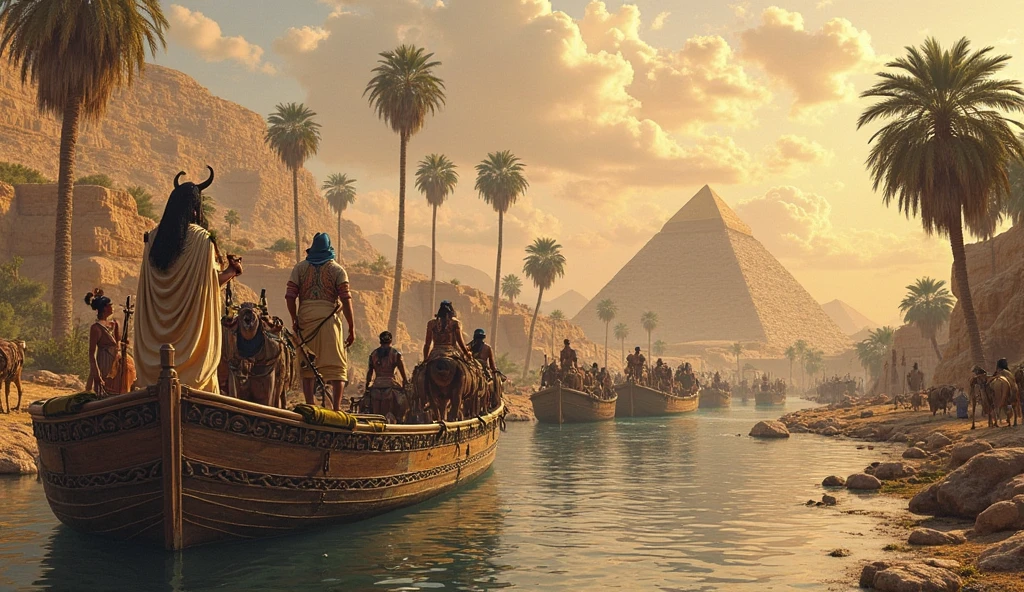 Photo of Arab men, raw, Strong and determined figures, ((Fishing with net in a boat on the Nile River)), ((Ancient Egypt era)), ((Pyramids in the distance)), ((Portrait)), ((Detailed faces:1.2)), ((rough and weathered skin)), ((sun-kissed and tanned)),, wrapped in traditional clothing, Boat environment, Sitting in the boat, (Earthy warm colors), Wet and reflective water, Reflectors, (Masterpiece) (perfectly proportions)(photos realistic)(Best Quality) (Detailed) photographed in a Canon EOS R6, 24-70mm Lens, F